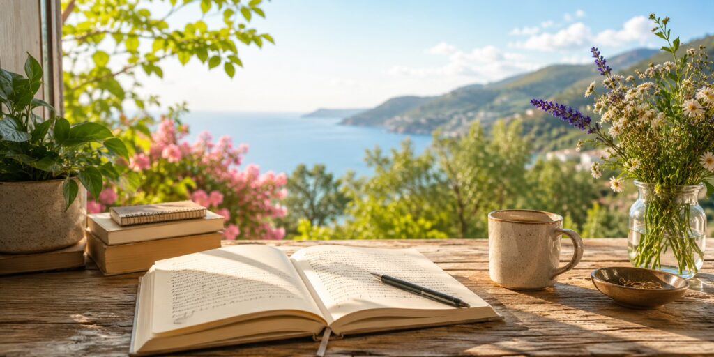 Слънчева дървена маса с отворена книга и химикал, разположена пред гледка към спокойно крайбрежие и зелени хълмове. Около нея има книги, чаша за кафе и свежи диви цветя, осветени от топлата светлина на летен ден. Атмосферата създава усещане за спокойствие, размисъл и време, посветено на писане и лични мисли.