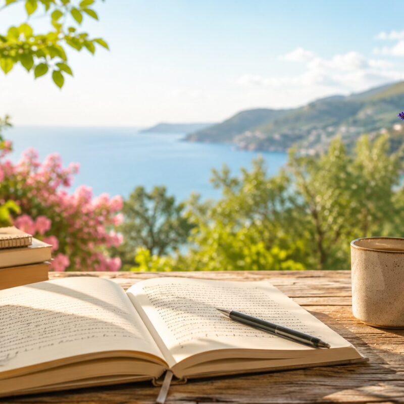 Слънчева дървена маса с отворена книга и химикал, разположена пред гледка към спокойно крайбрежие и зелени хълмове. Около нея има книги, чаша за кафе и свежи диви цветя, осветени от топлата светлина на летен ден. Атмосферата създава усещане за спокойствие, размисъл и време, посветено на писане и лични мисли.